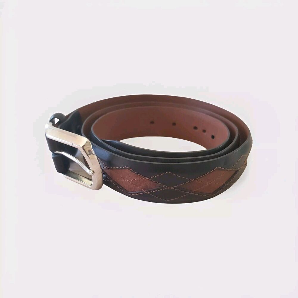 Brighton Belt Mens 46 Argyle Stitched Two Toned Brown Leather Preppy Dress Belt